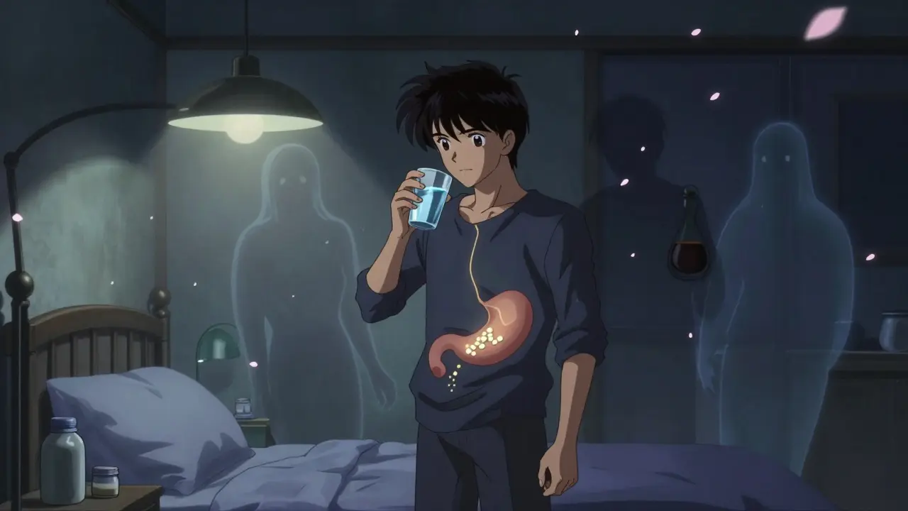 A person taking medication at night with water, while food shadows fade away in the dark.