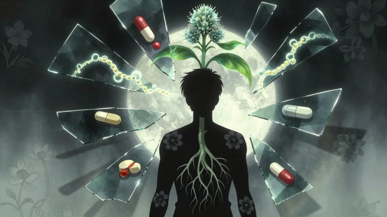 A person with a milk thistle plant growing from their chest, surrounded by floating prescription pills and twisting enzyme chains.