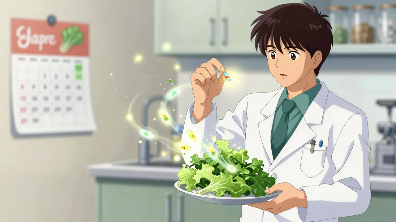 A pharmacist holding a pill and leafy greens, with floating vitamin K molecules in delicate motion.