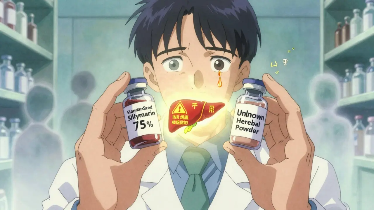 A pharmacist holding two vials, one labeled and one unclear, with a glowing liver and warning symbols nearby.