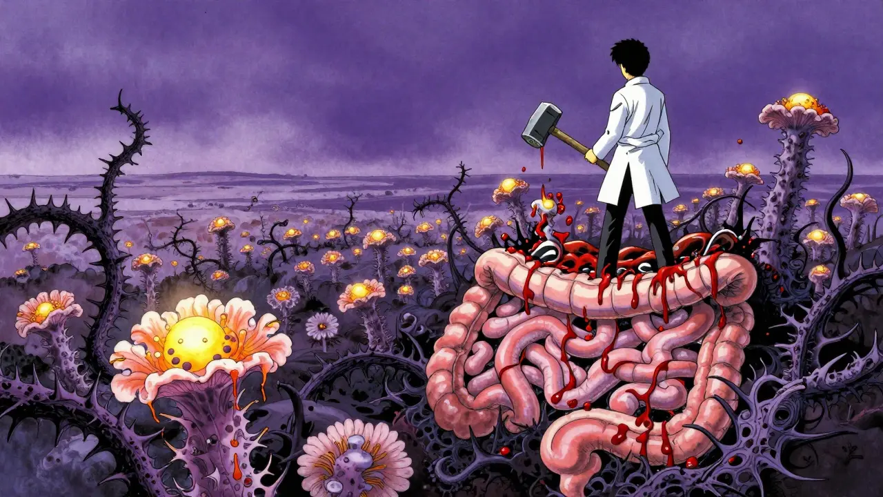 A surreal gut ecosystem shows delicate flora being strangled by dark C. difficile vines under a purple sky.