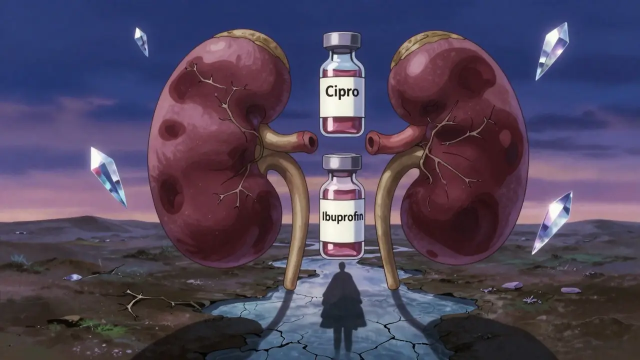 A surreal kidney landscape with crystalline shards and twisted tubules, drenched in the toxic drip of two pharmaceutical vials.