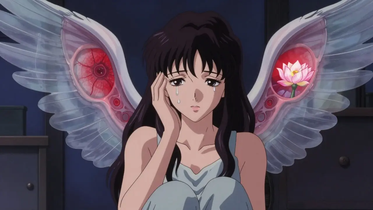 A woman with tear-filled eyes, surrounded by translucent anatomical layers of the eye and a lotus-shaped steroid implant.