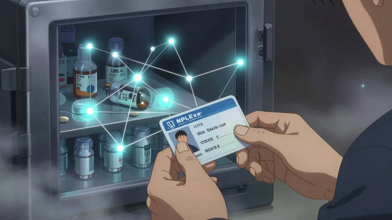 Abstract depiction of medication tracking with glowing light threads