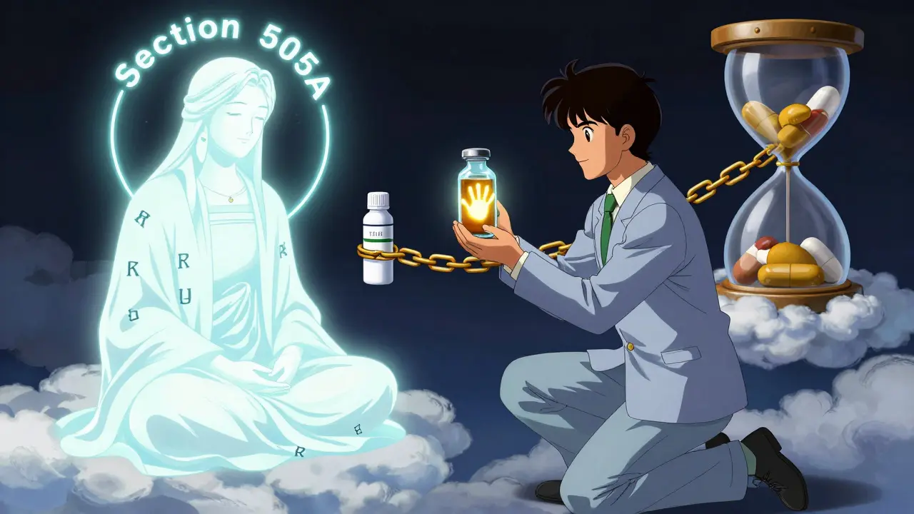 An executive offers a medicine vial to an FDA oracle as children's handprints glow and drug forms are chained together.