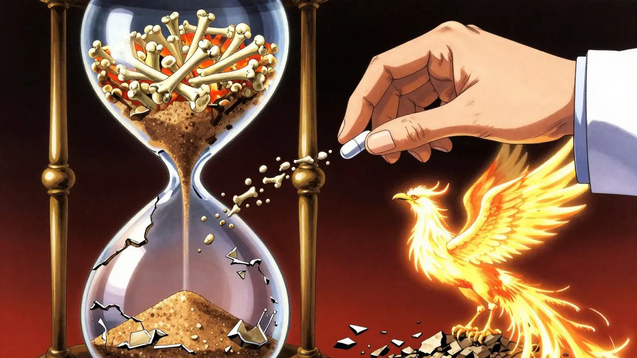 An hourglass made of bone fragments, with healthy bone rising as a phoenix while fragments fall below.
