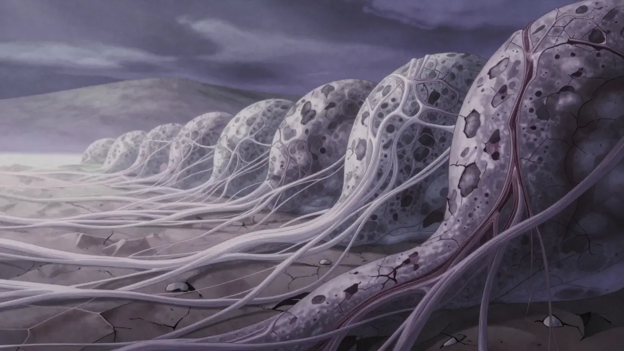 Artistic depiction of fibrosis spreading through tissue with scar-like textures.