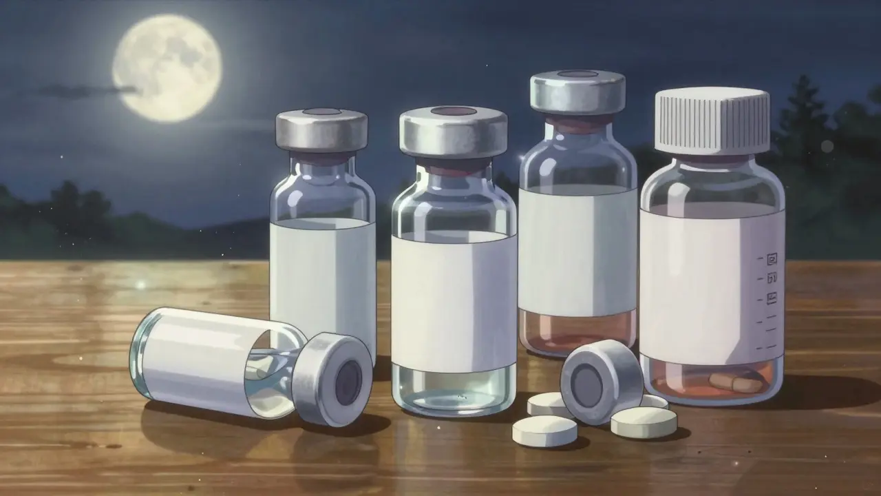 Medical vials and bottles arranged artistically in soft moonlight