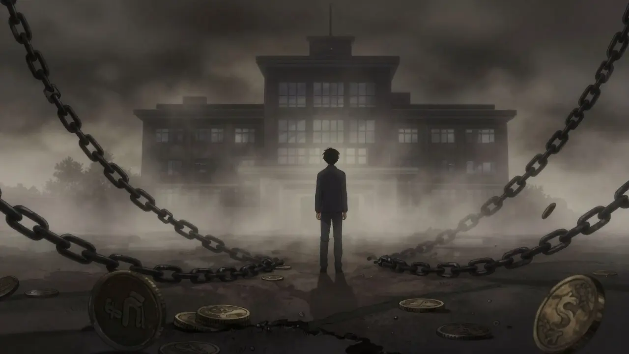 Silhouetted figure standing near foggy hospital with dark coin chains