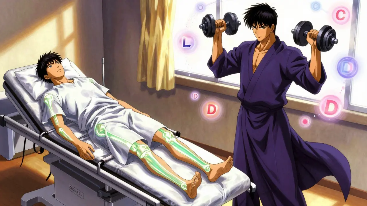 Split scene: a patient on a bone scan and the same person exercising, with calcium and vitamin D symbols glowing around them.