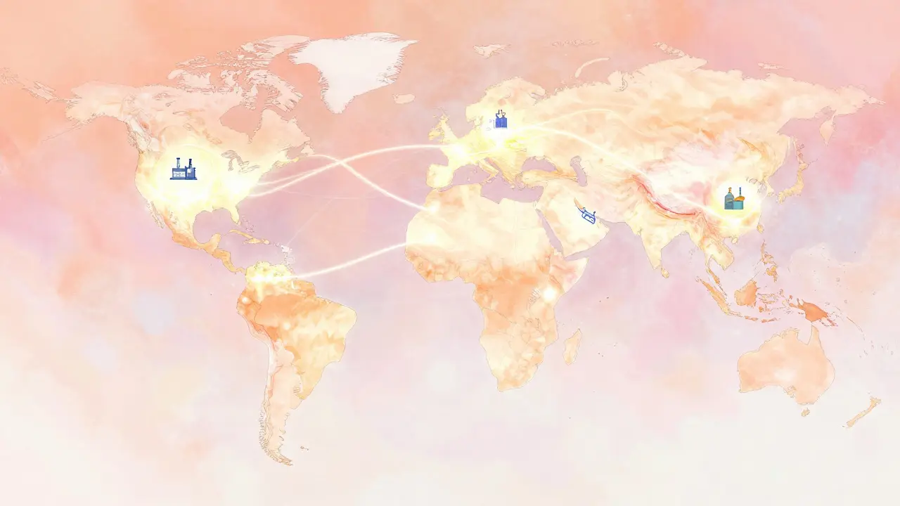 Stylized globe connected by glowing veins representing global health networks