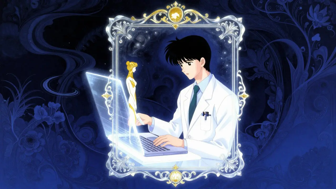 A futuristic telehealth consultation in an ethereal Amano art style