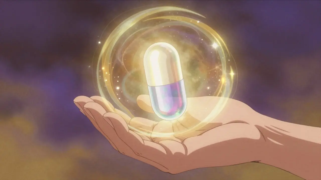 A glowing medicinal capsule held in a hand in an ornamental anime style