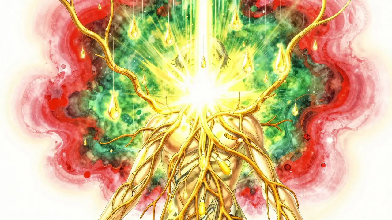 Celestial figure being restored by glowing ruby and emerald droplets.