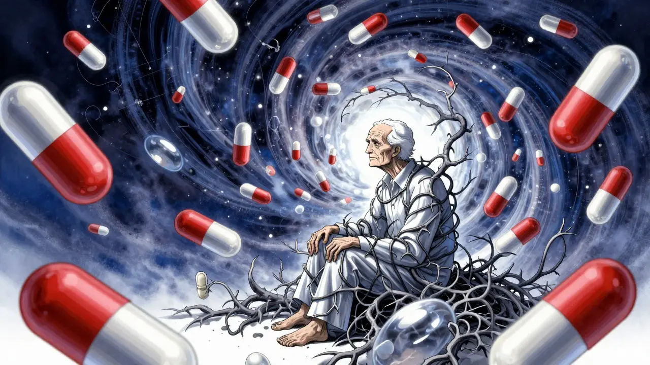 Elderly figure surrounded by a swirling storm of pills symbolizing the risks of polypharmacy.