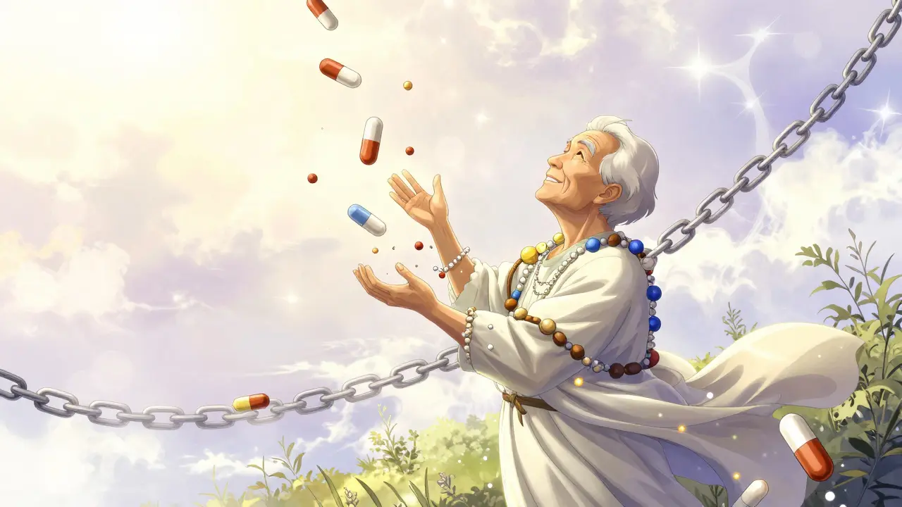 Elderly person liberating themselves from chains of pills to achieve a better quality of life.