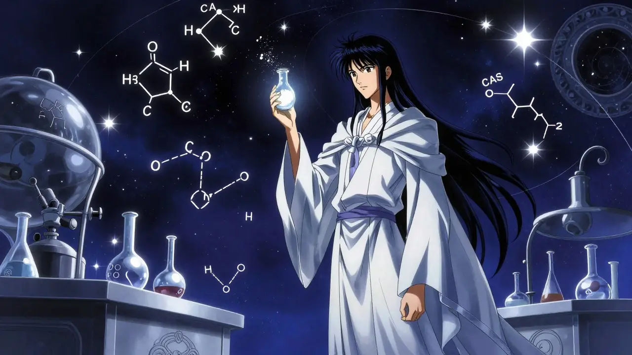 Enigmatic researcher in flowing robes handling a glowing vial in a celestial lab.