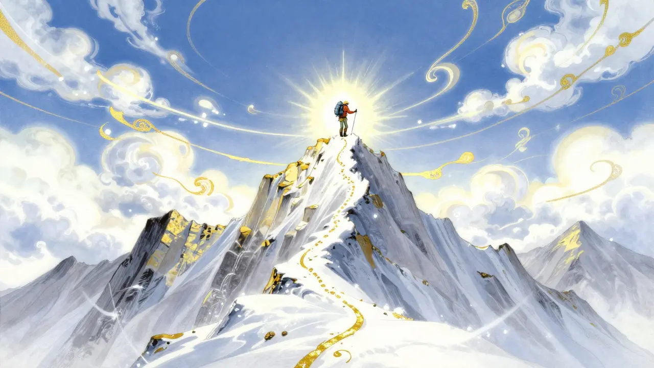 Ethereal illustration of a climber ascending a mountain peak surrounded by a luminous aura of health.