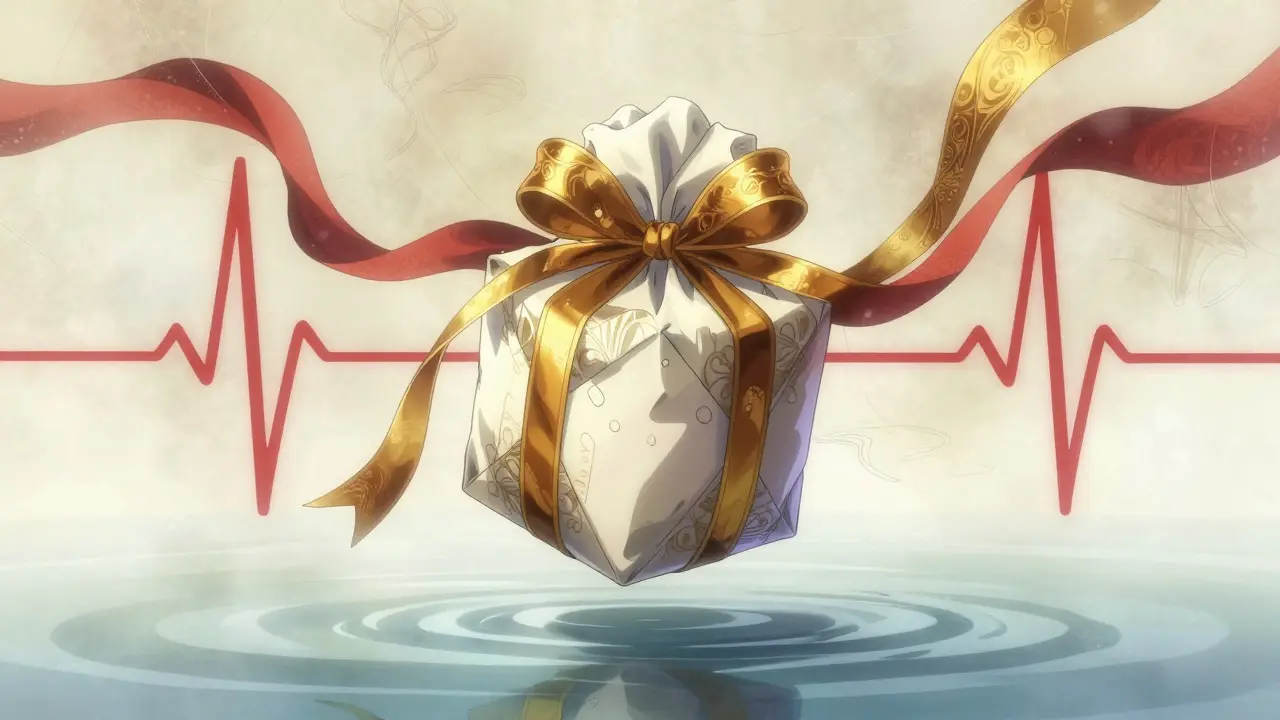 Ornate floating medication package surrounded by abstract red and gold waves.