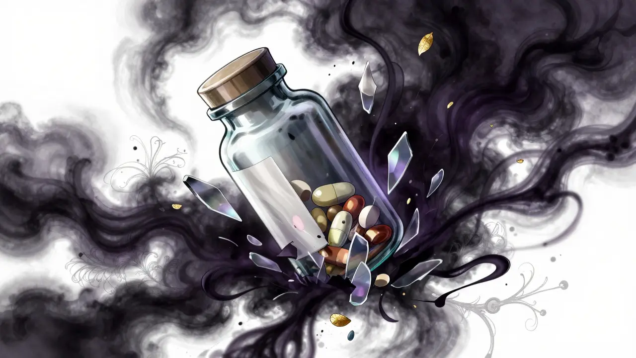 Shattering glass medicine bottle surrounded by dark violet shadows and gold accents.