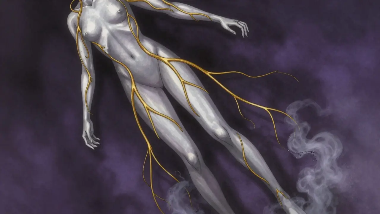 Stylized figure with fraying gold nerve lines turning into grey smoke.