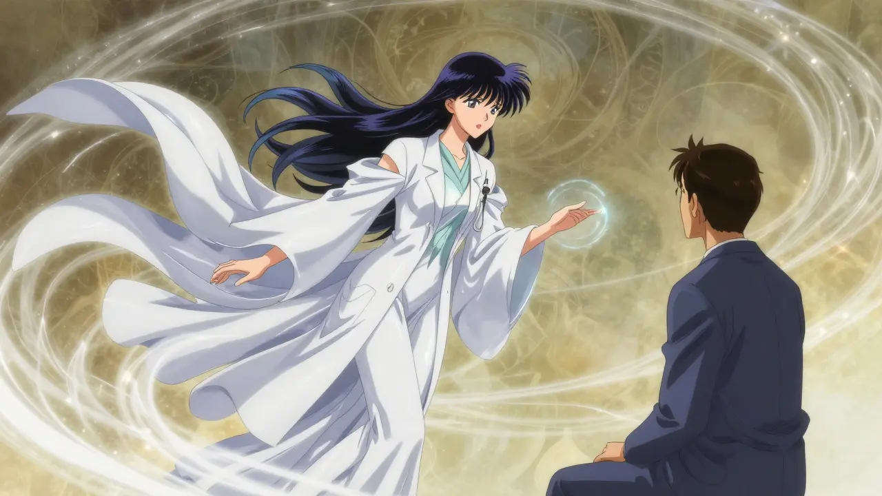 Stylized telehealth consultation with a doctor as a shimmering light projection.