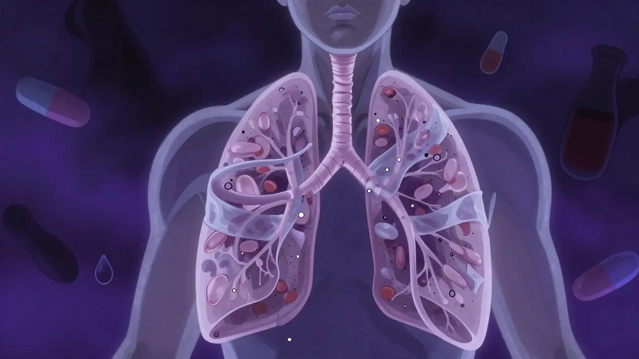 Surreal conceptual art showing a figure overwhelmed by respiratory suppressants in a dark cosmic void.