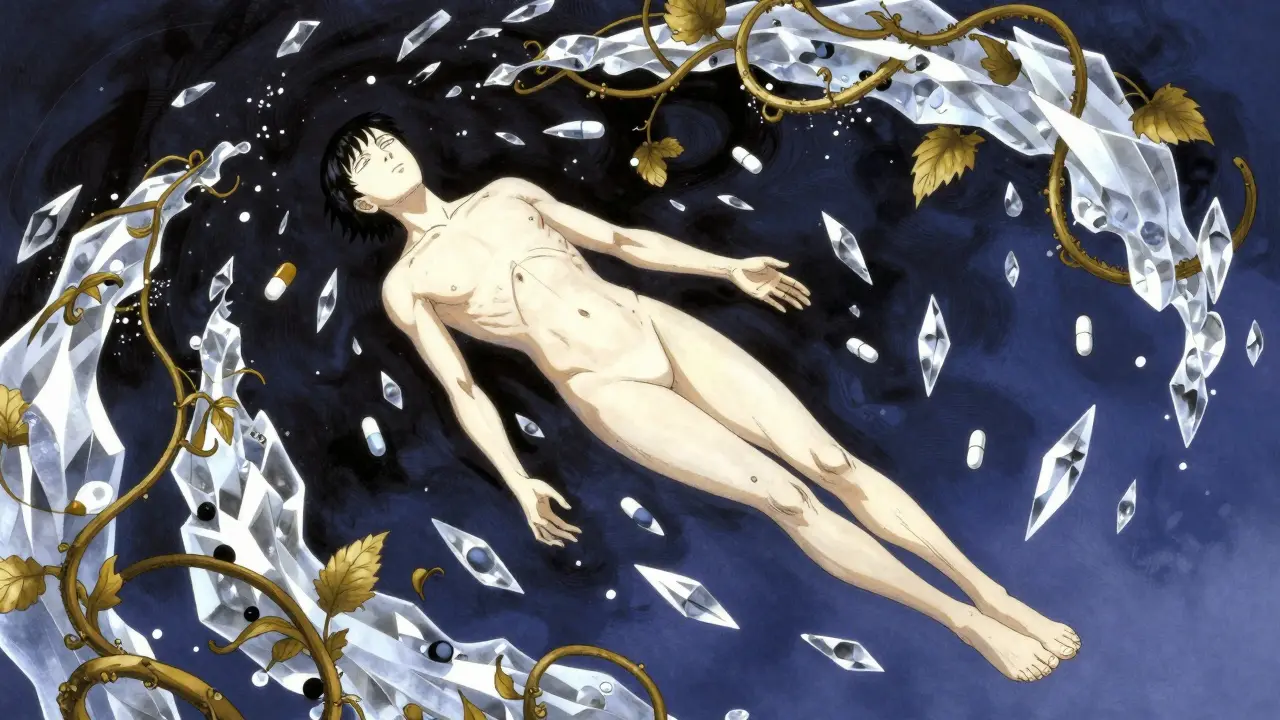 Surreal figure surrounded by floating medicine crystals and botanical vines